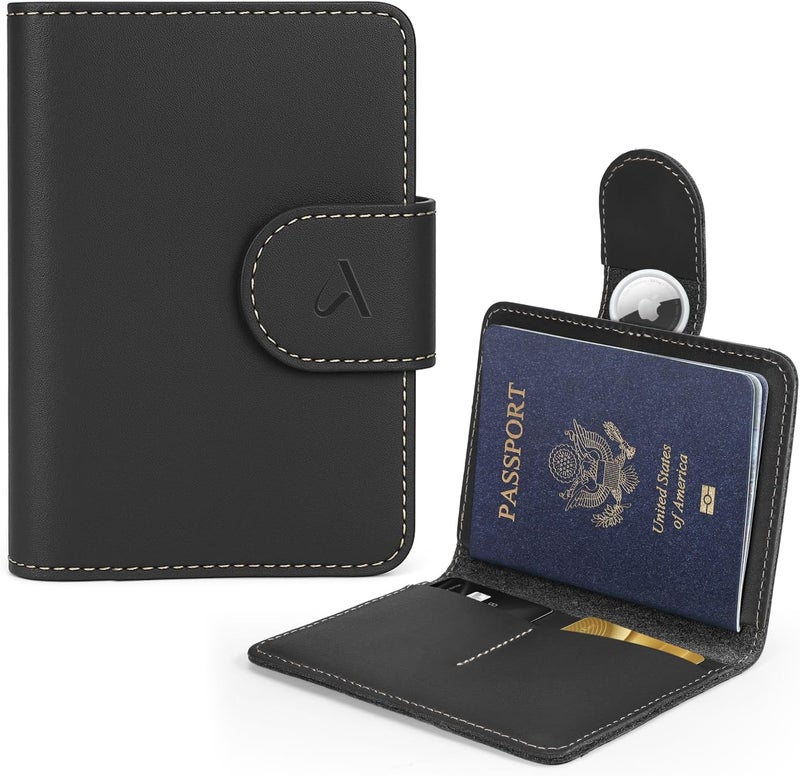 ALLIVE Passport Holder for Travel, Genuine Leather Passport Holder with AirTag Hidden Pocket, Rfid Blocking Passport Cover Travel Wallet for Women Men, Airport Essentials Gift (Black) - Image 1